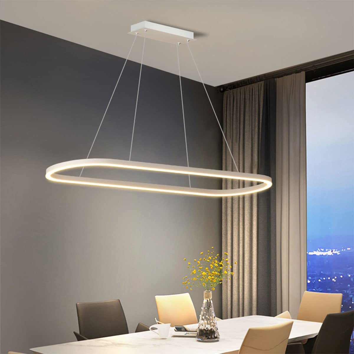 Bellastein Modern Dining Table Pendant Lamp LED Dimmable Pendant Lamp Oval Height Adjustable Chandelier with Remote Control for Dining Room Kitchen Lamp (White)
