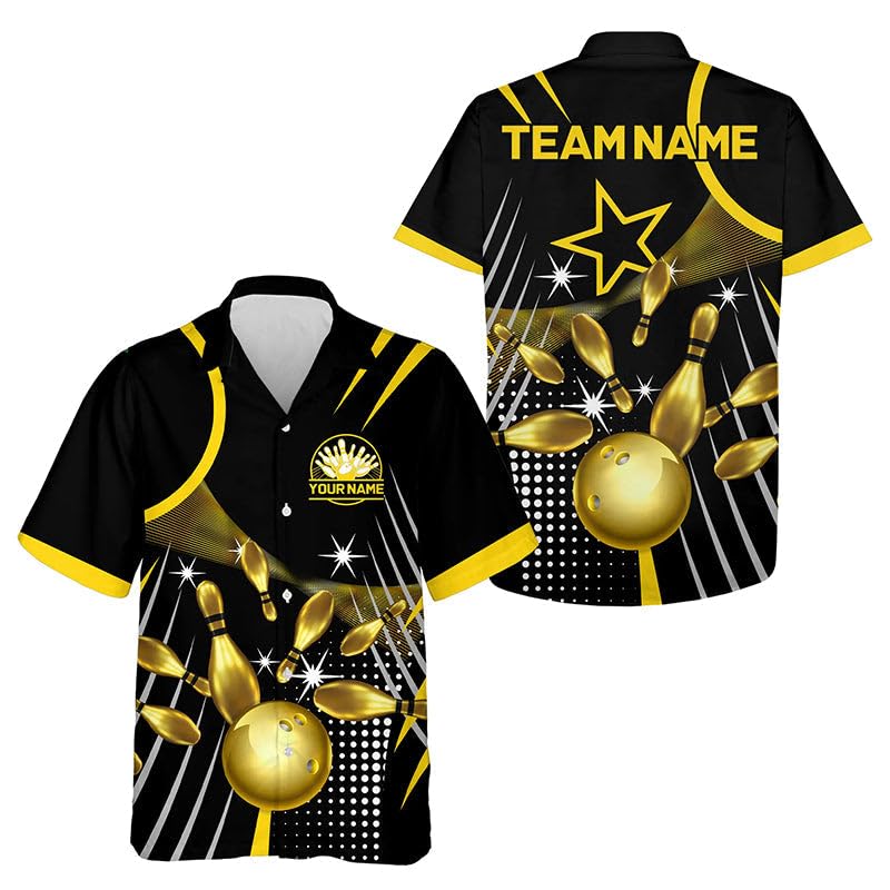 Custom Mens Bowling Shirts, Bowling Jerseys for Men, Hawaiian Shirt for Men, Black and Gold Hawaiian Bowlers Shirts Custom Bowlers Outfit Team Button Up Shirt, Button Down Clothes with Team Name