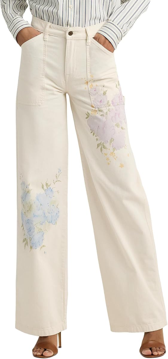 Women's Floral High-Rise Wide-Leg Jeans in Mascarpone Cream Wash