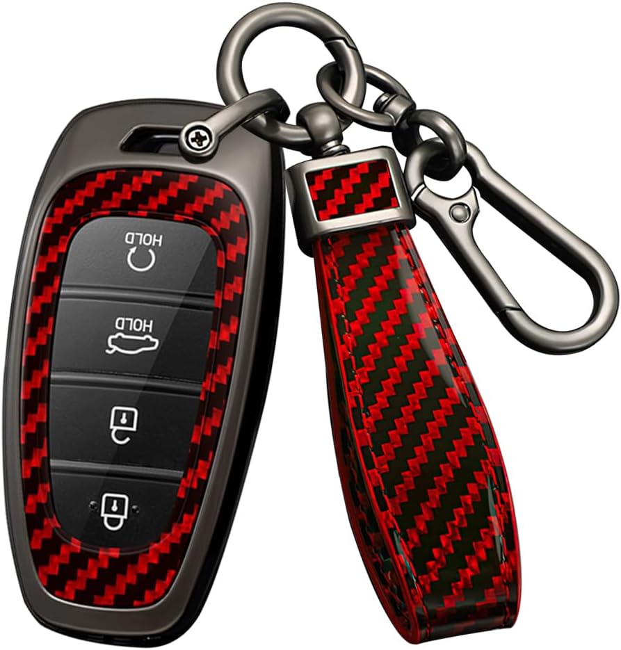 HIBEYO 3/4/5/6/7/8 Button Key Fob Cover for Hyundai Sonata 2020 2021 2022 2023 Santa Fe Accessories with Keychians PVC Carbon Fiber Key Case for Hyundai Sonata Key Case-Red