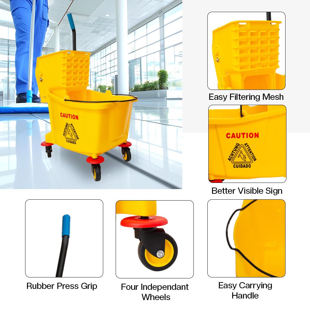 Berry Cubo de fregona comercial compacto con letrero de piso húmedo, cubo de fregona Kentucky con ruedas, 32 L, carrito de limpieza amarillo con escurridor extraíble y ruedas giratorias para