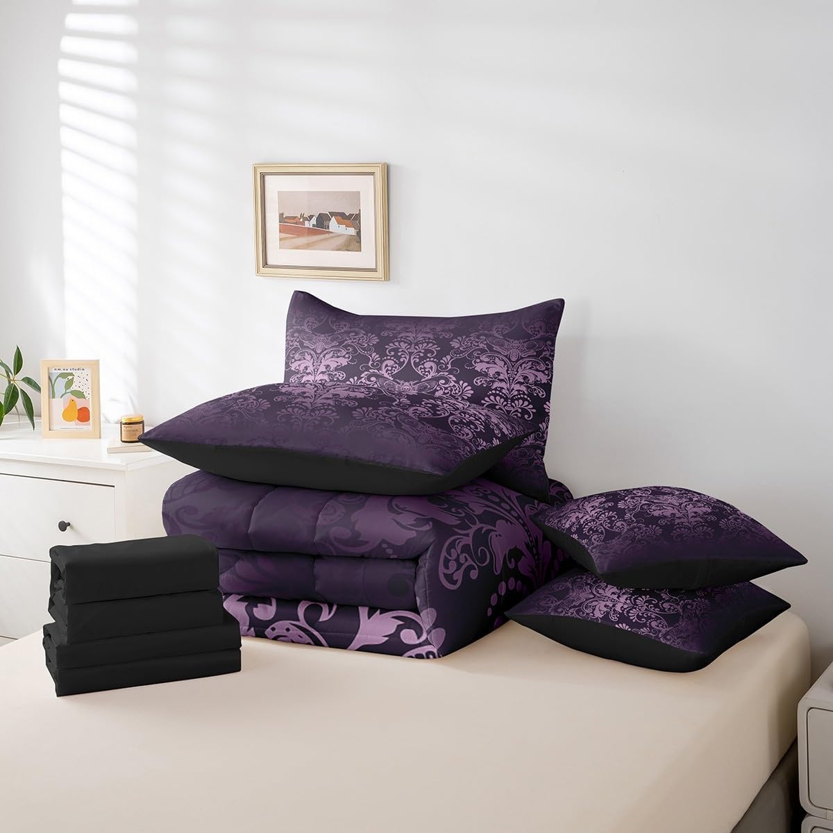 Erosebridal Gothic Damask Bed in a Bag Queen Comforter Set 7 Piece,Exotic Moth Bedding Sets Purple Victorian Floral Goth Sheet Set with Comforter