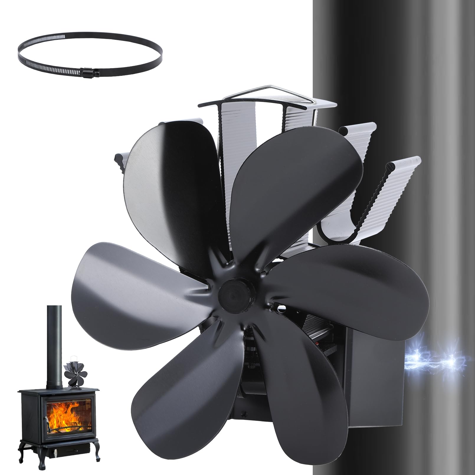 JossaColar Ventilateur Poele à Bois Magnetique 6 Pales | Socle Réglable - Adapté aux Cheminées et aux Tuyaux de Poêle | Ventilateur de Cheminée Avec Thermomètre Magnétique