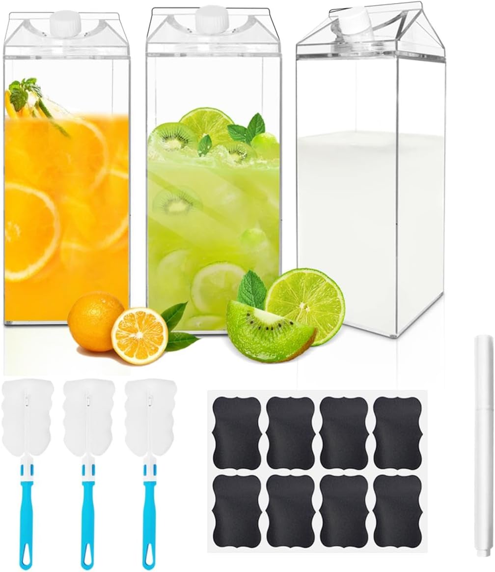 64 Oz Large Clear Milk Carton Container Plastic Square Milk Water Bottle Milk Container for Refrigerator for Outdoor Climbing Tour or Camping (6 Pcs)