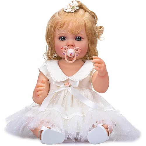 RXDOLL 22 inch Realistic Reborn Baby Doll with Blonde Curly Hair Girl Reborn Baby Dolls Silicone Full Body Reborn Toddler Dolls with Weeding Dress for Girls Birhtday Gifts