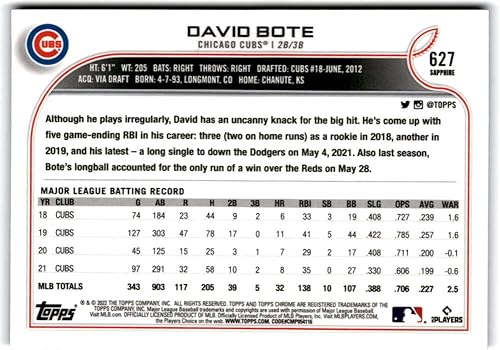 Miniatura 2 de 2022 Topps Chrome Sapphire Edition 627 David Bote Chicago Cubs