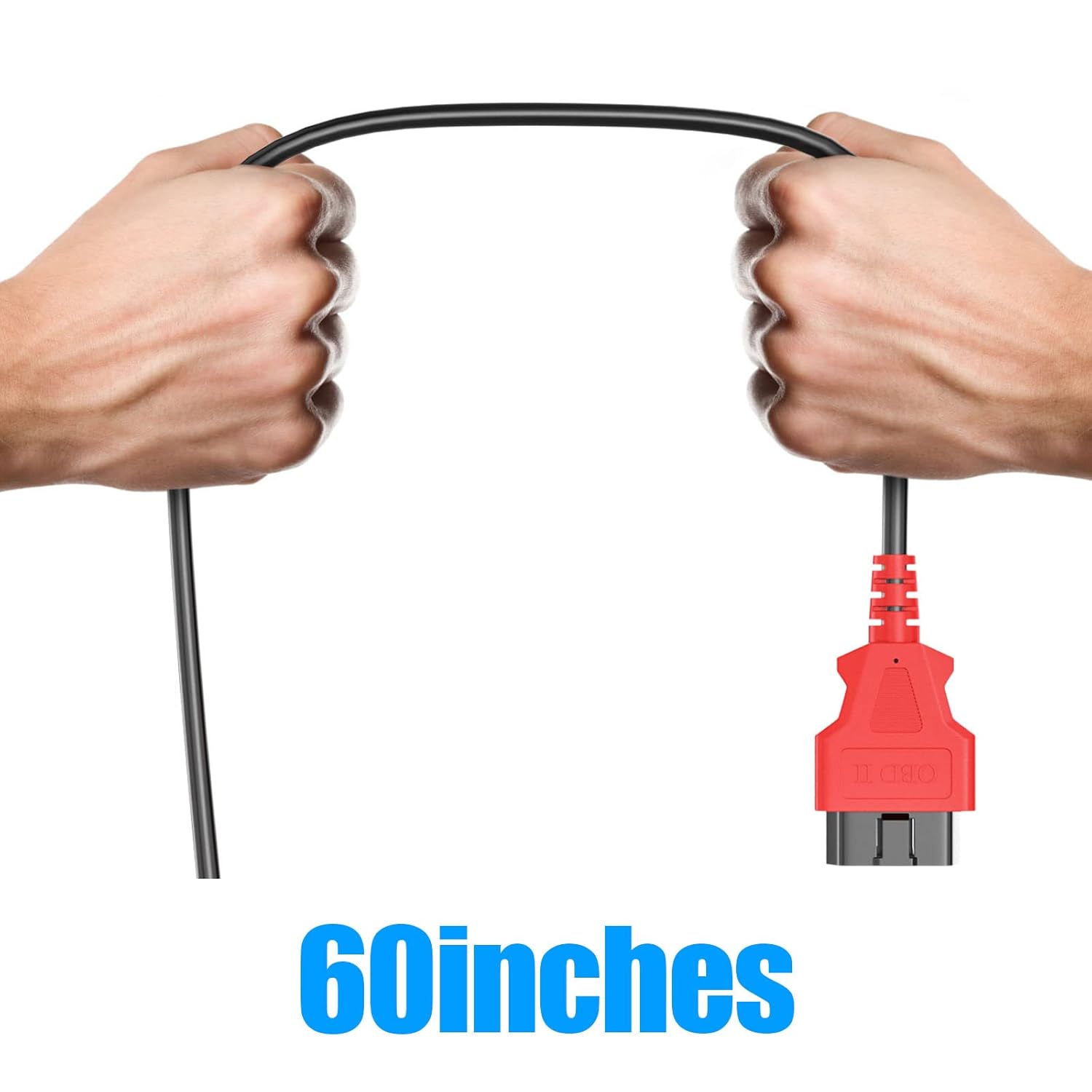 Hands holding both ends of the XTOOL OBD2 Main Test Cable, indicating its 60-inch length.
