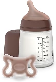 Suavinex, Anti-Kolik-Flasche + Zero Zero Schnuller. 180 ml Flasche mit anpassbarem Sauger (A) und Neugeborenen-Schnuller, Größe -2/2 Monate. Für Frühgeborene geeignet, unterstützt das Stillen, Deep