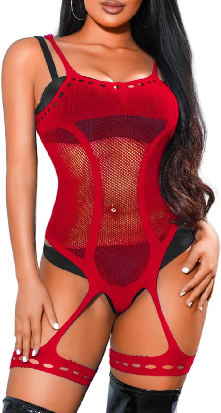 EHSUYAB Fishnet Bodysuit For Women, Rave Outfits Festival Club Party Tops, Sheer Mesh Garter Lingerie Exotic Wear Dancer