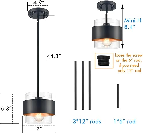 Miniatura 3 de CLAXY Luces colgantes para isla de cocina, barra negra, lámpara colgante de cocina, pantalla cilíndrica de vidrio transparente