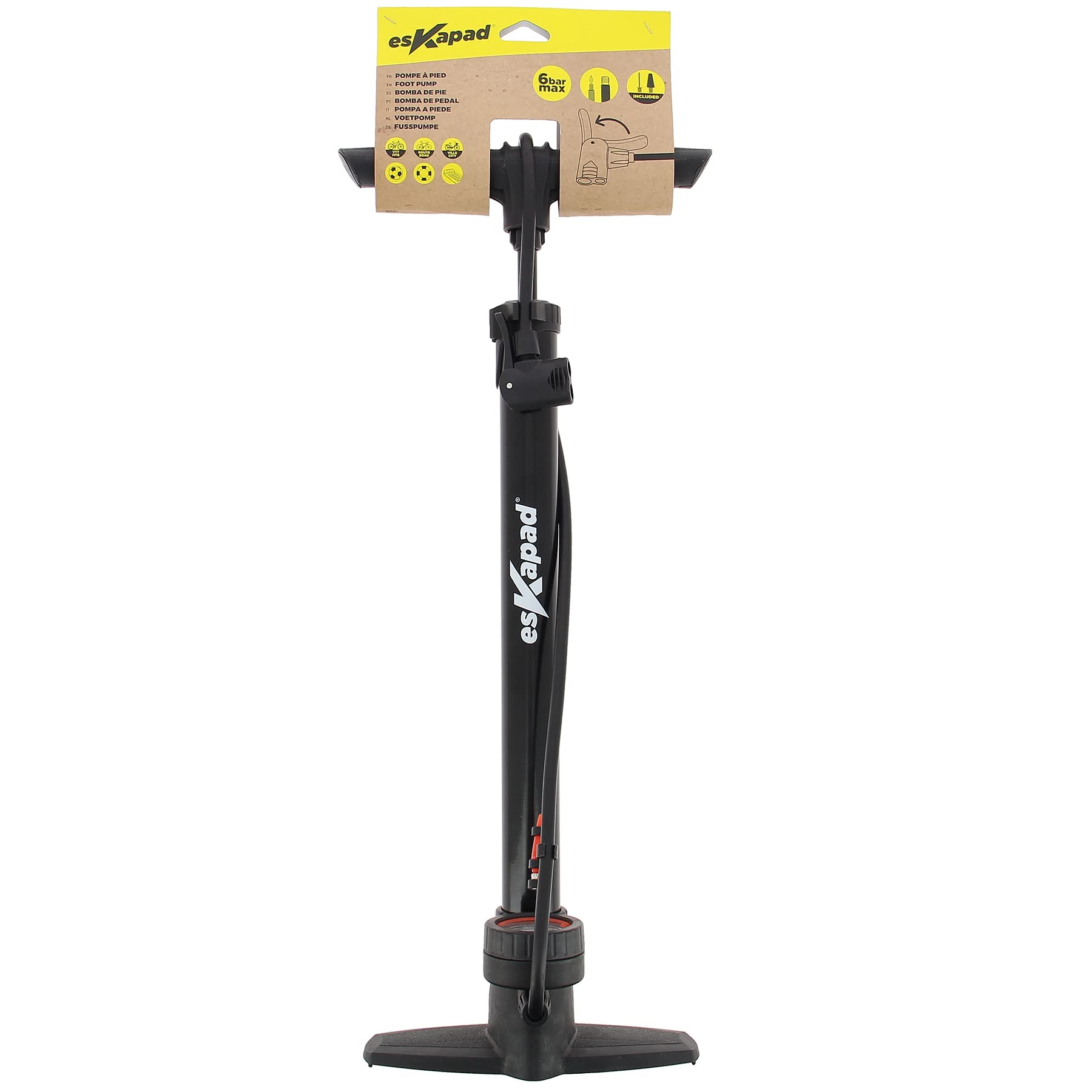 Pompe à Pied Velo avec Manomètre, 6 Bars, Embouts Presta et Schrader