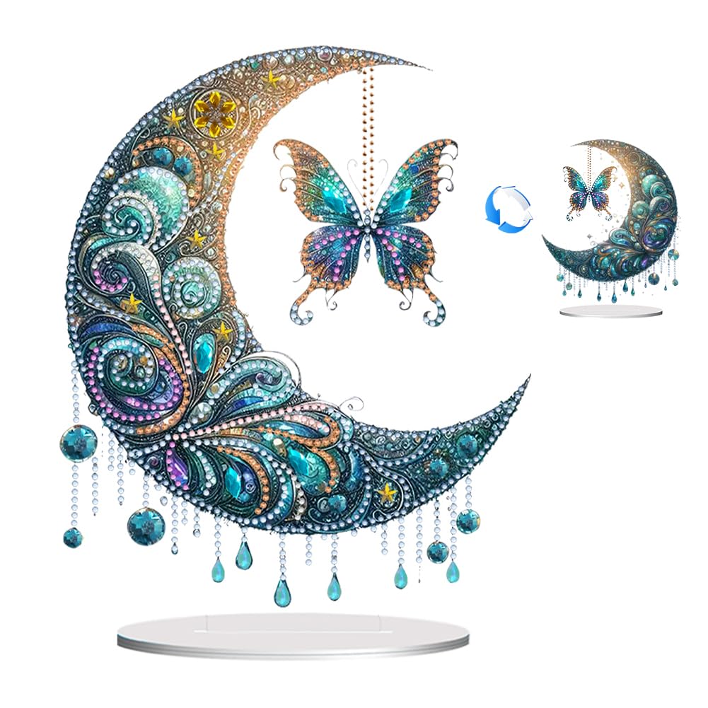 Fiorky Tabletop Special Diamond Art Kit Butterfly, Acrylic Special Shape Moon Butterfly Diamond Painting Tabletop Ornaments Kit Table Top Diamond Painting Ornament Kits for Adults Beginner
