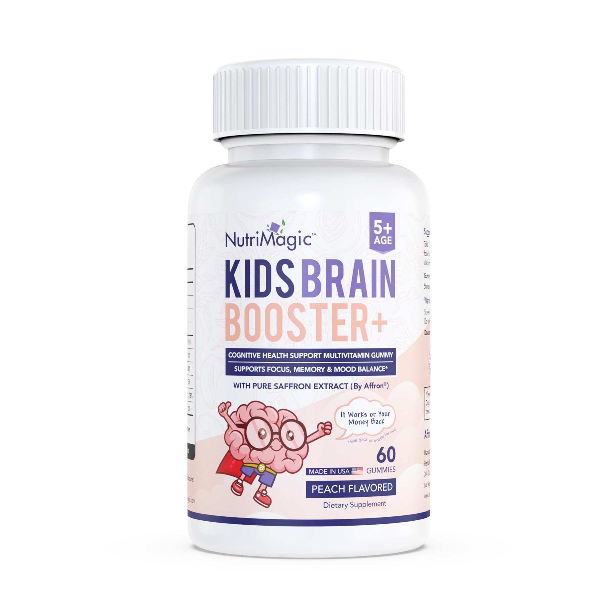 NutriMagic Kids Brain Booster+ Saffron Extract, 2IN1 Cognitive Support & Multivitamin D3, B6, B12, Zinc Gummies Supplement, Supports Focus, Attention, Memory, Mood Balance - 60 Peach Gummies