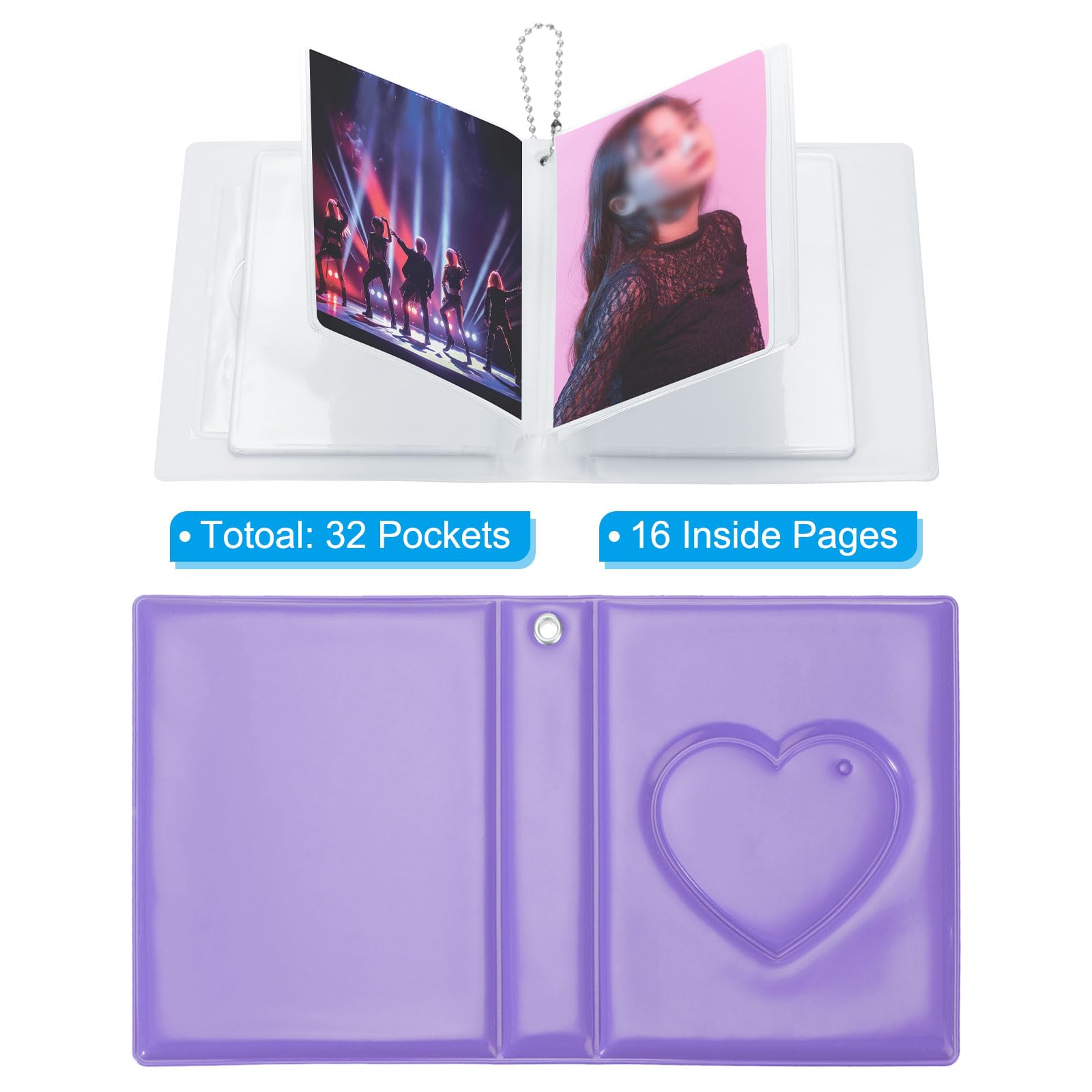 PATIKIL 3 Inch Mini Kpop Photocard Binder Album with 32 Pockets Small Bookshelf Love Heart Picture Holder Book for Collection Purple - Image 3