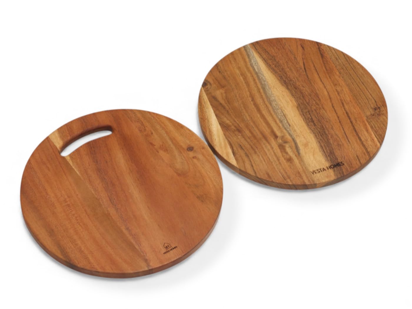 Vesta Homes Tablas de cortar redondas para cocina, juego de 2 tablas de cortar de madera grandes, tabla de embutidos de acacia, tabla de servir para frutas, verduras y queso, 12 x 12 pulgadas, 11.6 x