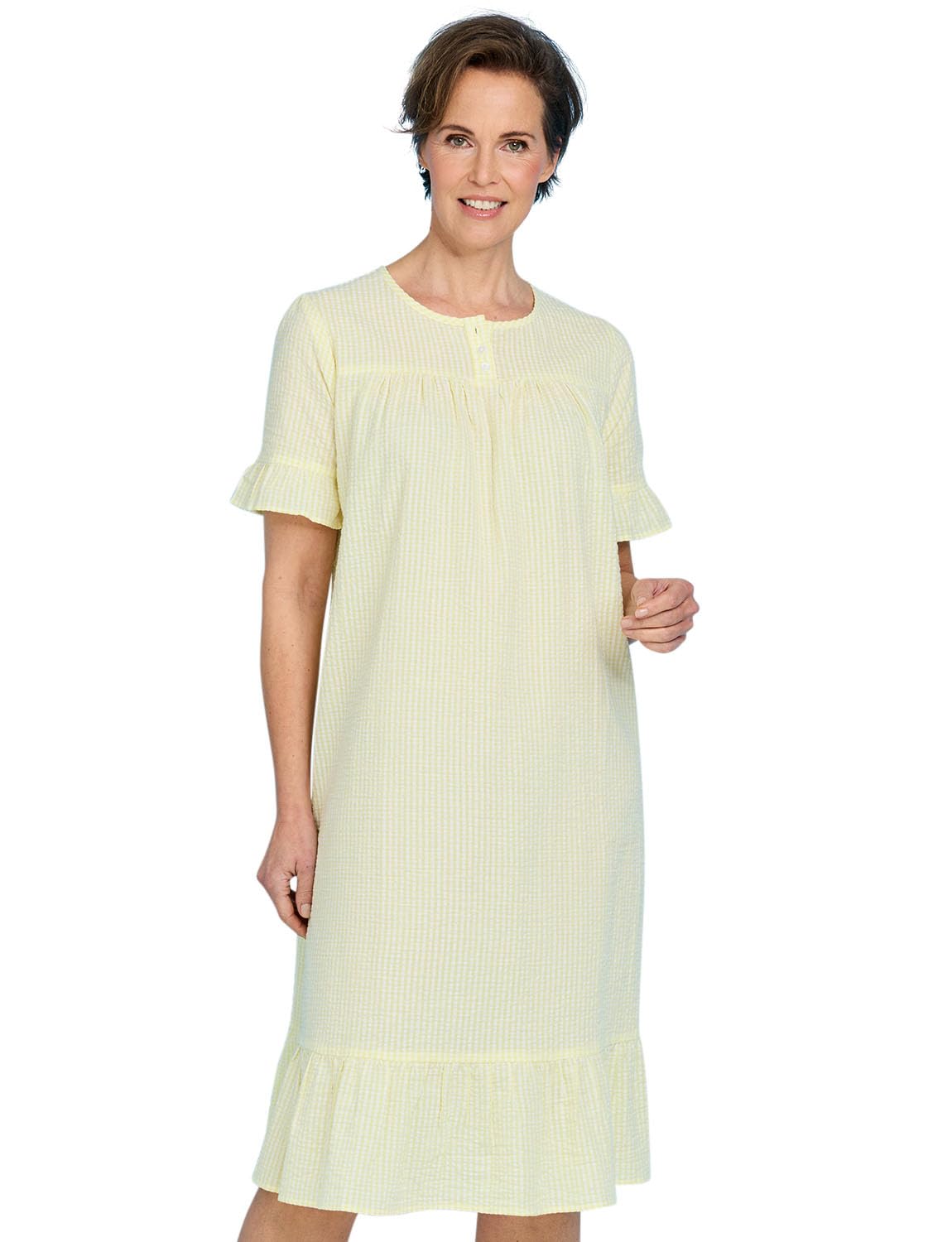 Chums Women's Lemon Seersucker Cotton Nightdress Tiered Hem & Frill Cuffs 24-26