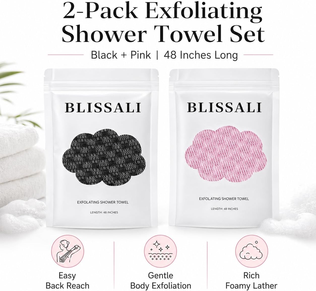 Blissal Exfoliating Shower Towel: Deeply exfoliates, Soft, Gentle, and Quick-Drying Body Scrub Towels, Suitable for All Skin Types, 2pc.