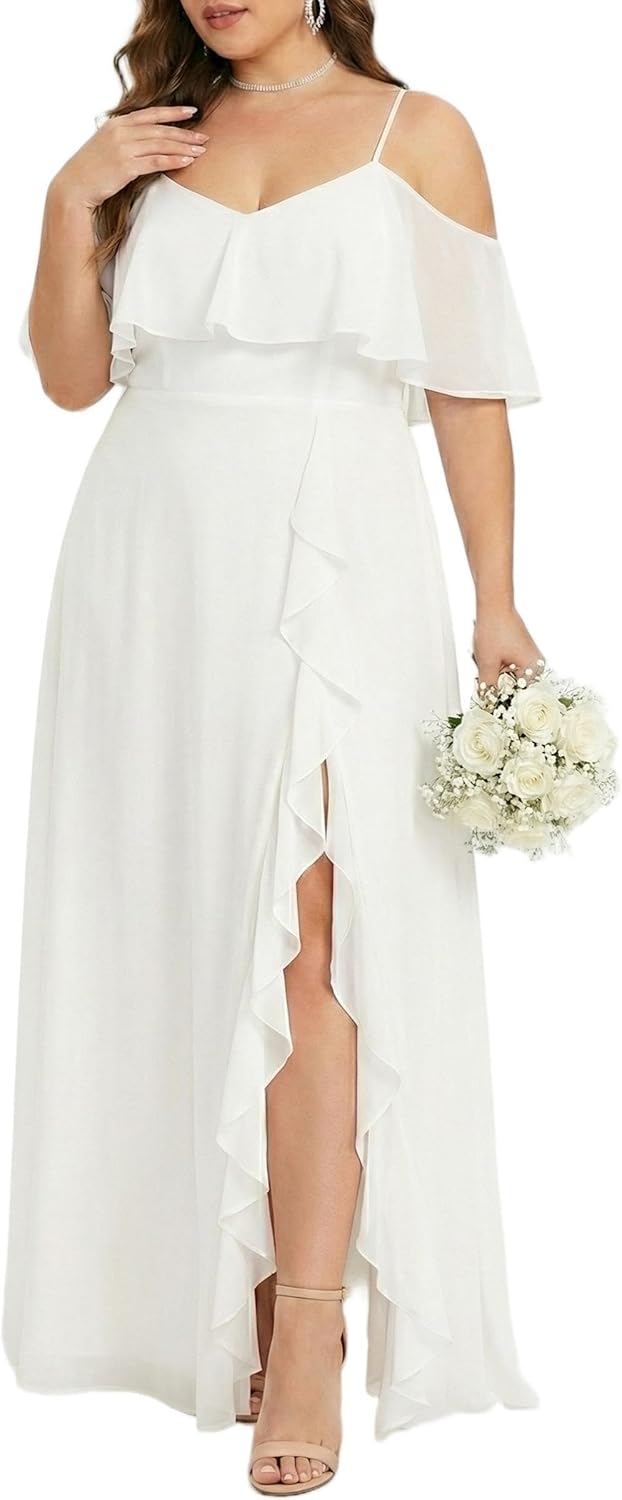 Plus Size Formal Dresses - Off Shoulder Chiffon High Slit Ruffle Wedding Guest Brid...