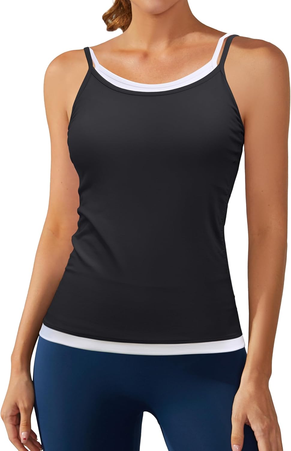 ATTRACO Women Double Spaghetti Strap Workout Tank Tops Ruched Athletic Tank Top with Bulit in Bra Color Block Camisoles