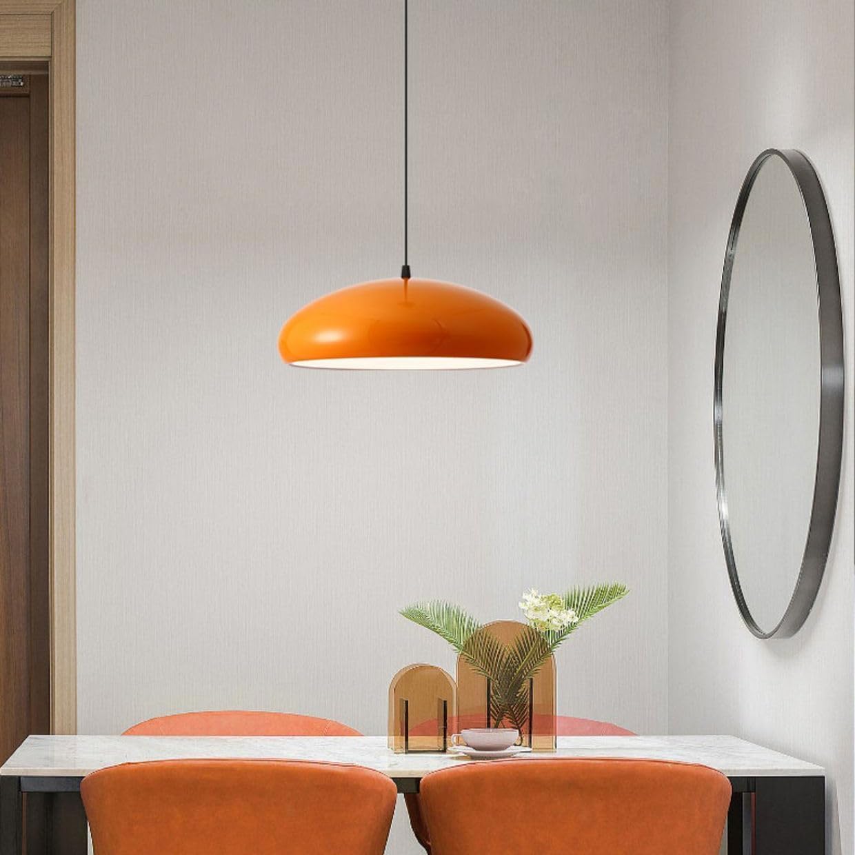 Nordic Orange Dome Pendant Light Fixtures Oversized Mid Century Modern Pendant Ceiling Light 3 Lights Metal Hanging Lamp Large Pendant Lighting for Dining Room - 23.6-Inch Aluminum Shade