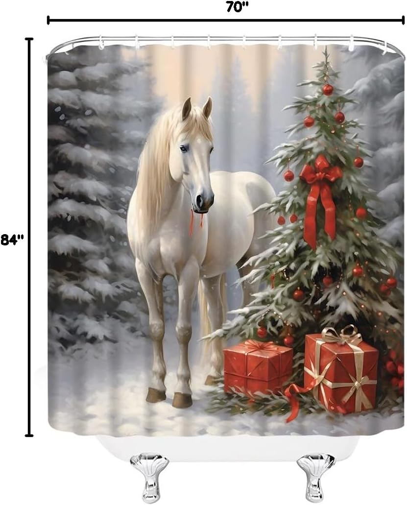 Farmhouse Horse Shower Curtain Merry Christmas Wild Animal Horse Xmas Pine Tree Forest Snowflake Rustic Winter Holiday Nature Scene Fabric Bathroom Curtain Sets with Hooks