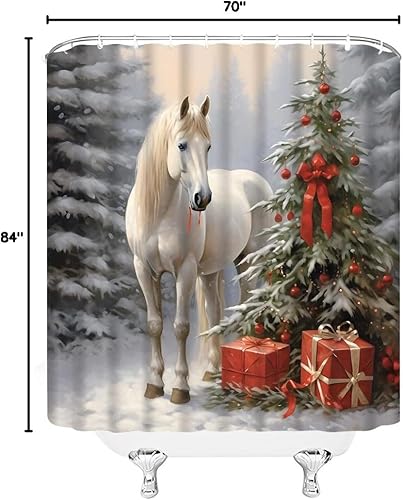 Miniatura 8 de Cortina de ducha de caballo de granja, Feliz Navidad, animales salvajes, caballo de Navidad, pino, bosque, copo de nieve, rústico, invierno,