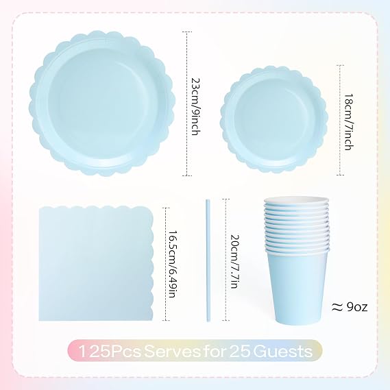 168PCS Scalloped Gingham Paper Plates and Cups and Napkins Sets Party Supplies for Birthday Wedding Bridal Shower Baby Shower Picnic, Serve for 24 Guests (Blue Scalloped)