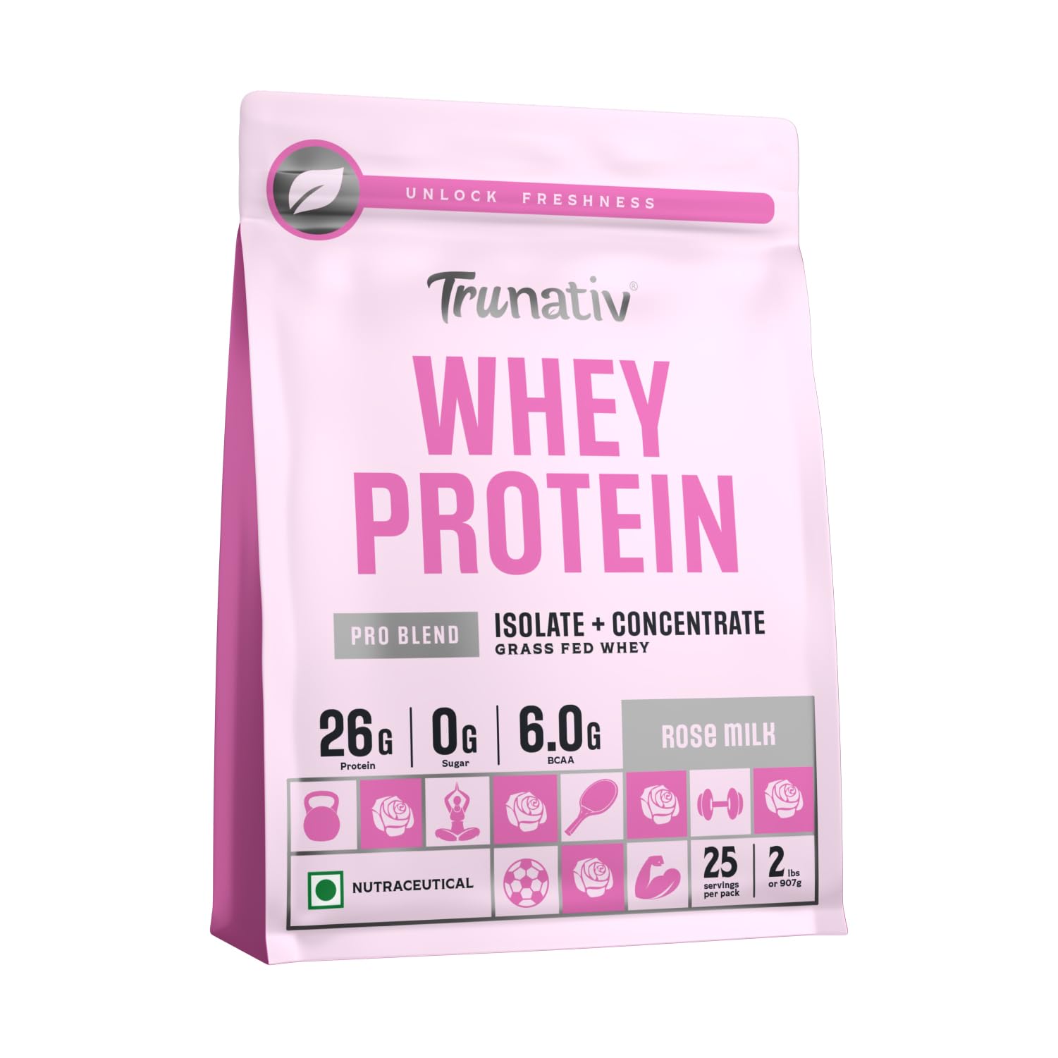 Trunativ Pro Blend Whey Protein Powder Isolate & Concentrate | 100% Light & Clean Protein Powder | 26g Protein | 6g BCAA | 12.52g EAA | No added sugar | Rose Milk 2lbs (907g)