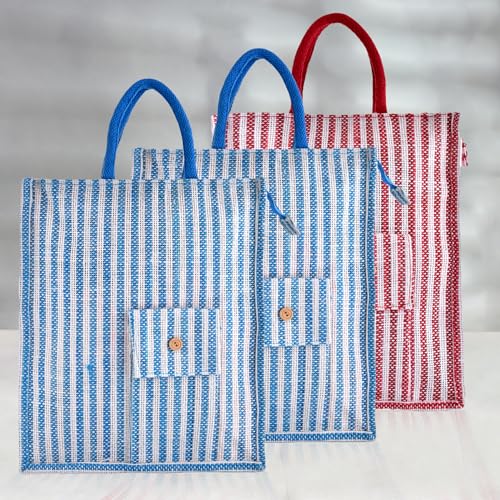 Image of Kuber Industries Shopping Bag | Jute Carry Bag | Zipper Grocery Bag with Handle | Reusable Shopping Bag | Carrying Bag With Front Pocket | Lining-Grocery Bag | Medium | Pack of 3 | Multi