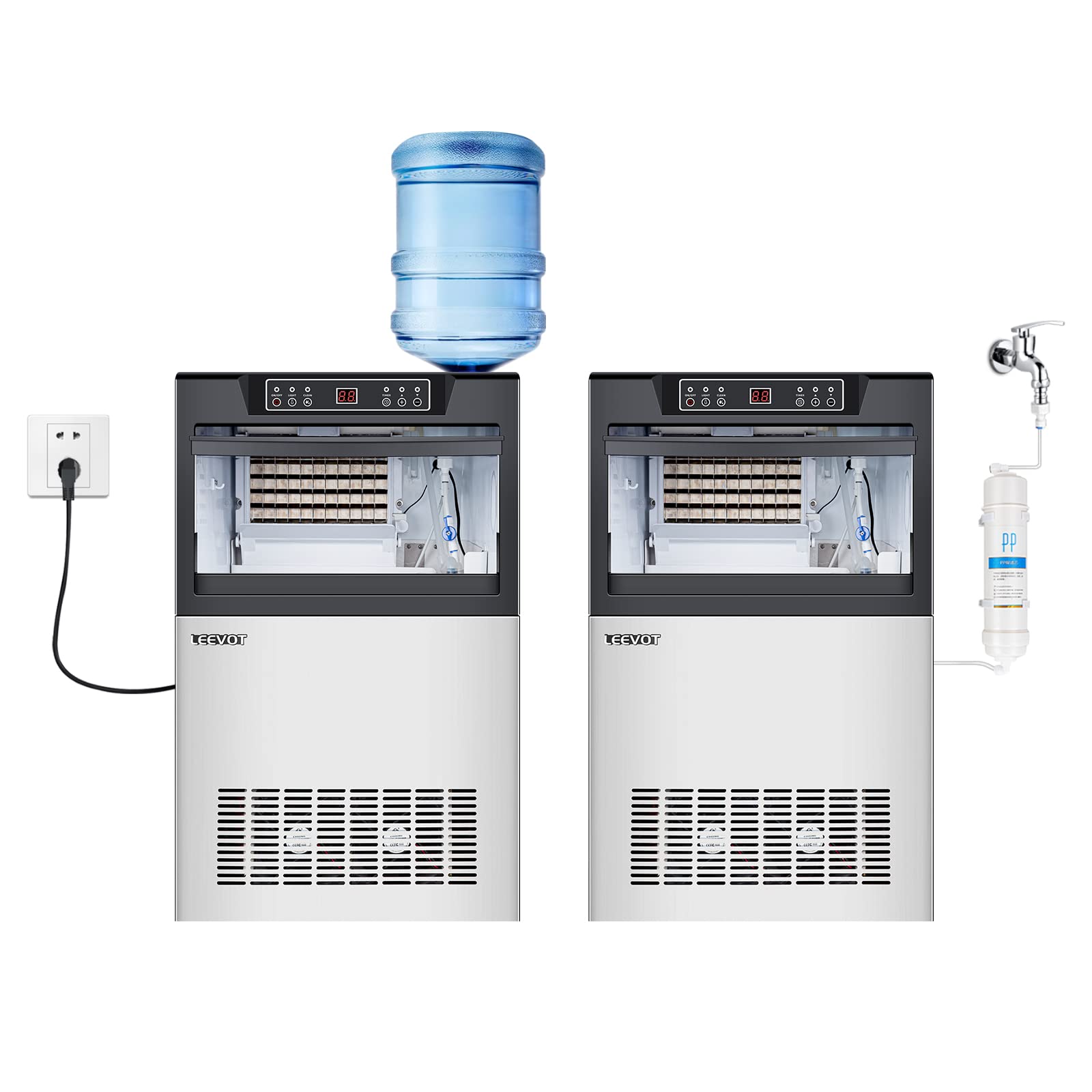 LEEVOT Profi Eiswürfelmaschine - Home Eismaschine 60kg in 24h, 480 Watt, Schaufel, Tube, LED, selbstreinigend, Blue-ray Desinfektion, ST Klimaklasse, Silber