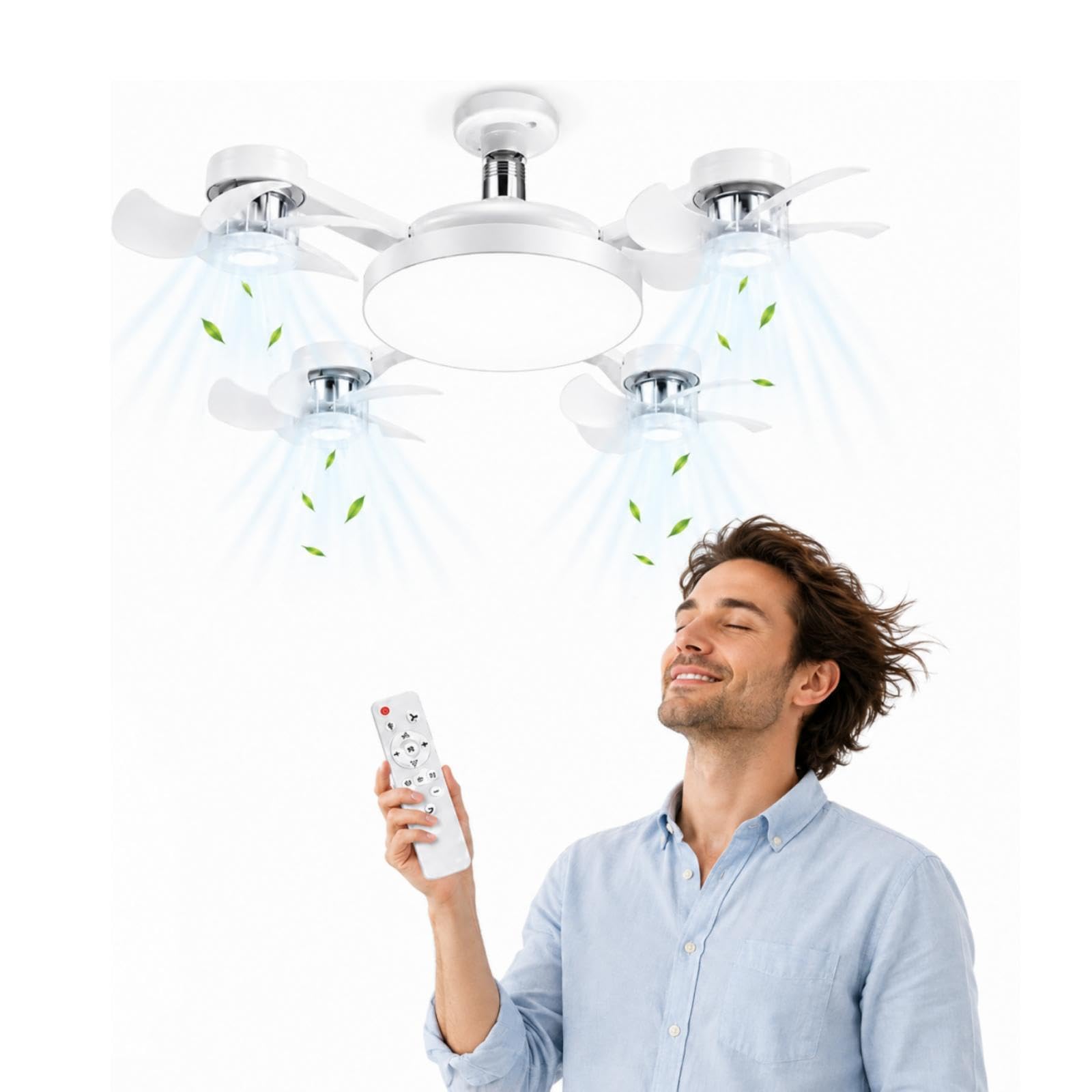 5 Head Ceiling Fans with Lights and Remote, Foldable E27 Ceiling Fan, Screw in Ceiling Fan Light with Remote Control, 3 Speeds, 3 Colour,for Bedroom Kitchen5 Heads