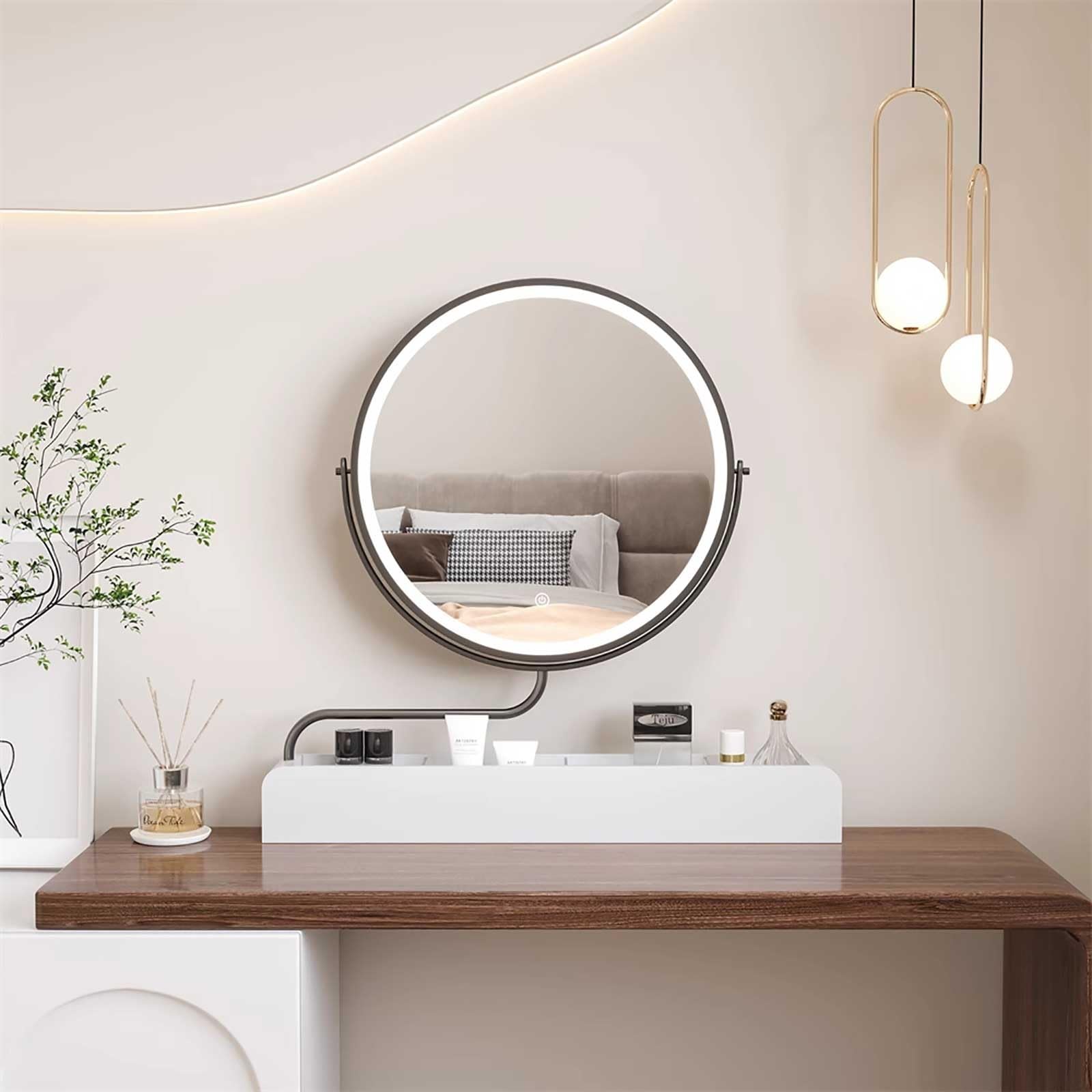 SXFSDOU Modern Round LED Makeup Mirror with 360° Swivel Metal e Adjustable Vanity for Bathroom Guest WC Dressing Room Living (White)