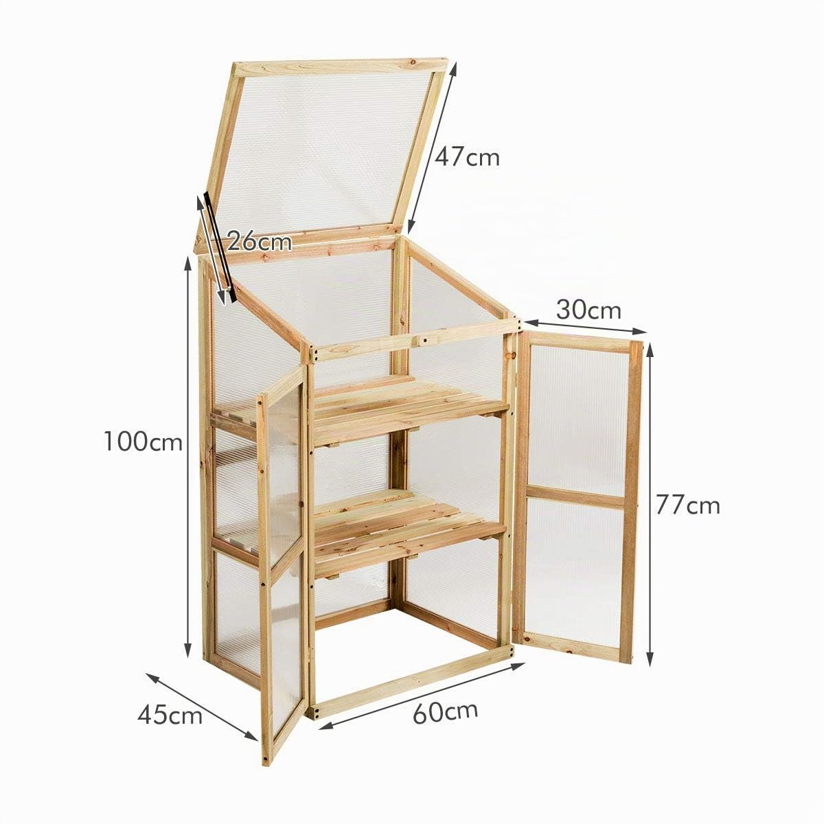 COSTWAY Mini Serre en Bois 60x45x100CM Vitrages Transparents en Polycarbonate Plateau Supérieur Amovible avec Etagères à 3 Niveaux pour Jardin/Balcon/Porche