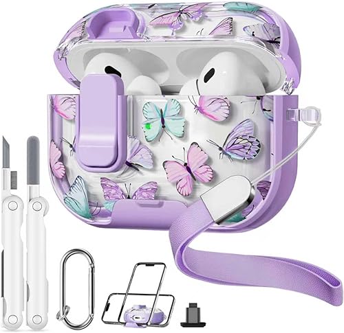 con Cerradura de Seguridad para Funda Protectora de AirPods Pro de 2da y 1ra Generación, Funda Transparente con Diseño Floral de Mariposa Bonita