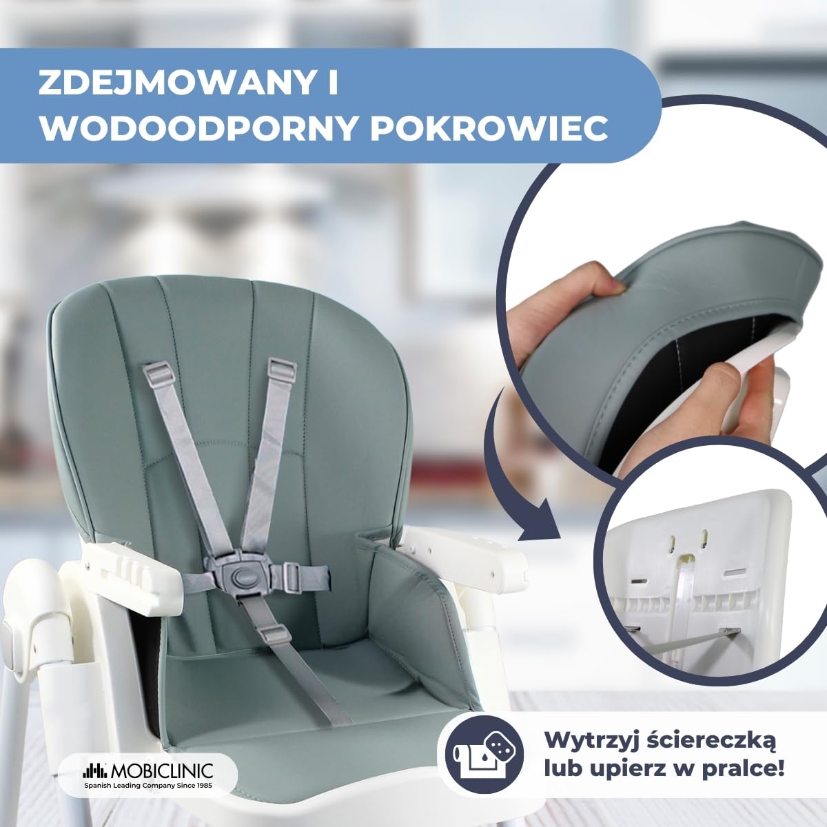 Mobiclinic®, Wysokie krzesełko dla dziecka, Evolutive, Dodatkowe składanie, Możliwość przekształcenia w wysokie krzesełko, Simba, 5-punktowe, Kółka z hamulcami, Podwójna wyjmowana tacka