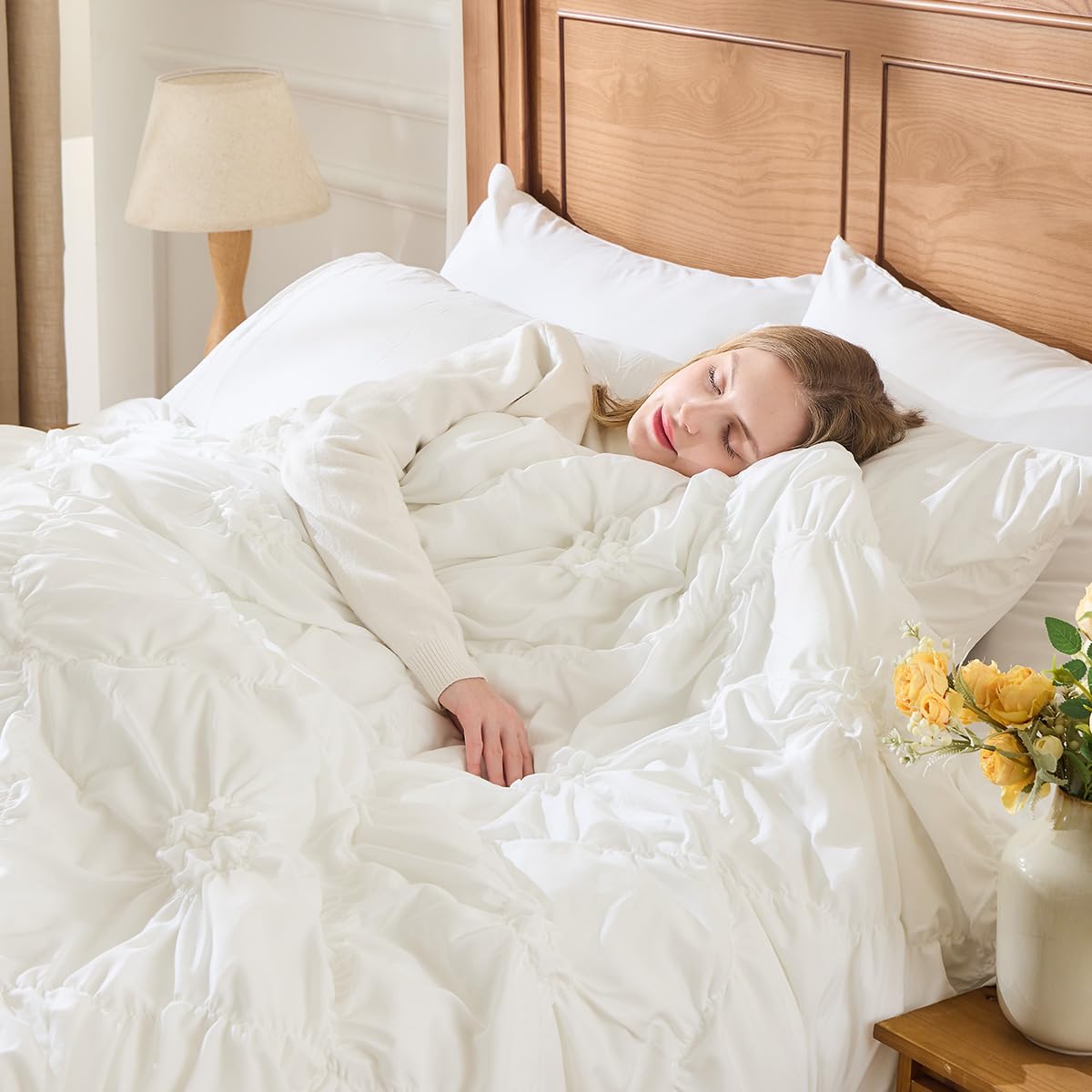 White Comforter Set Queen Size Bed in A Bag 7 Piece Pinch Pleat Bedding ...