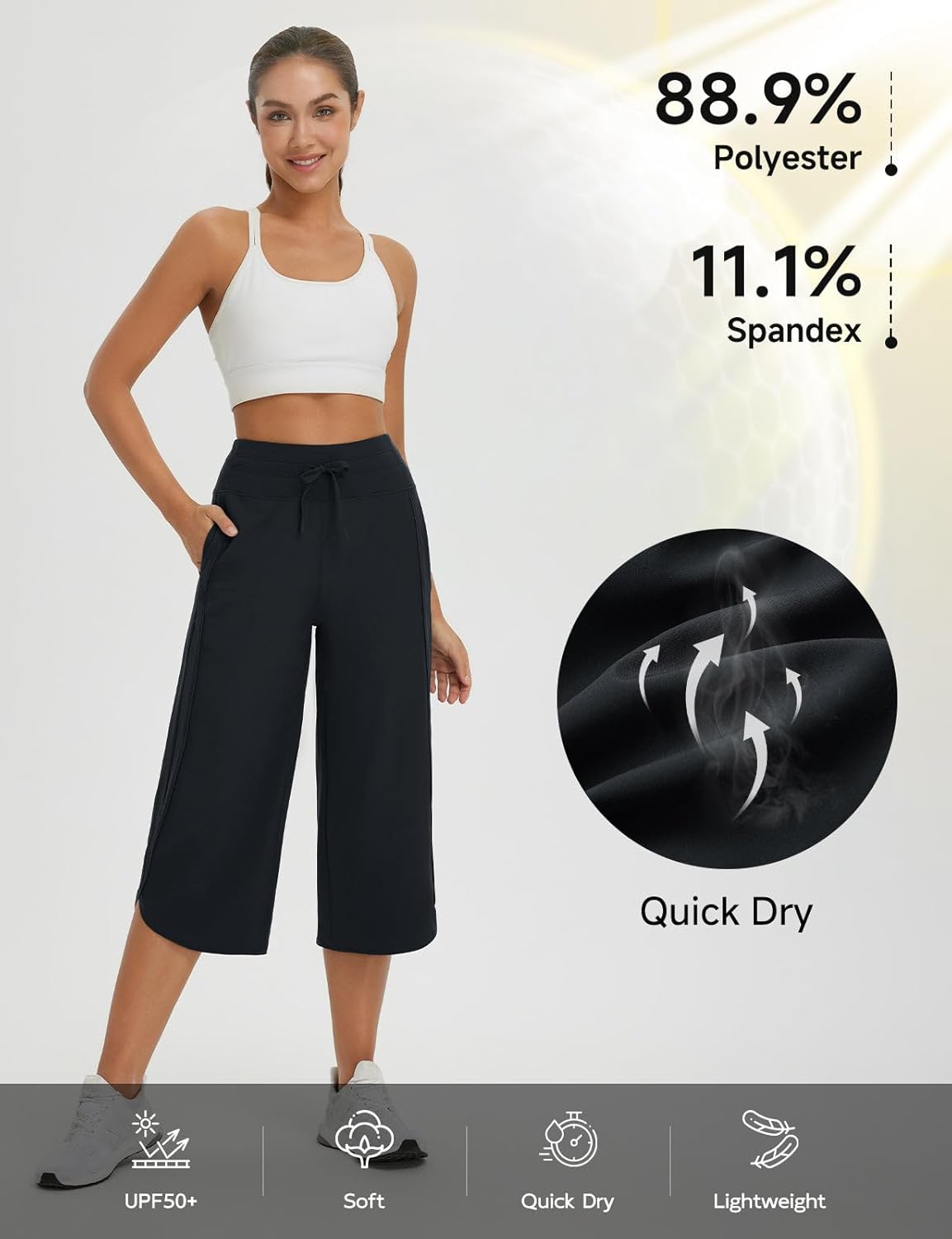 baleaf Women's Capri Pants Wide Leg Athletic Yoga Capris with Pockets Quick Dry Hiking Pants Loose Lounge Summer UPF 50+ - Image 5