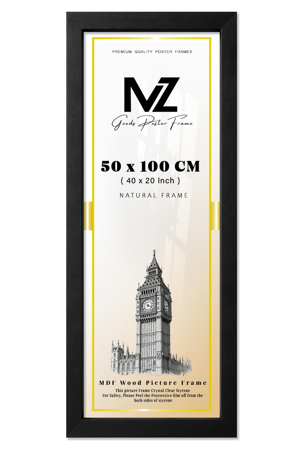 MZ GOODS | Classic Picture 40 x 20 Matt Black Poster Frame, Wood Finish, Portrait, (50 x 100 CM) - 1' 8" x 3' 3" Frame [ Matt Black ] — image 1
