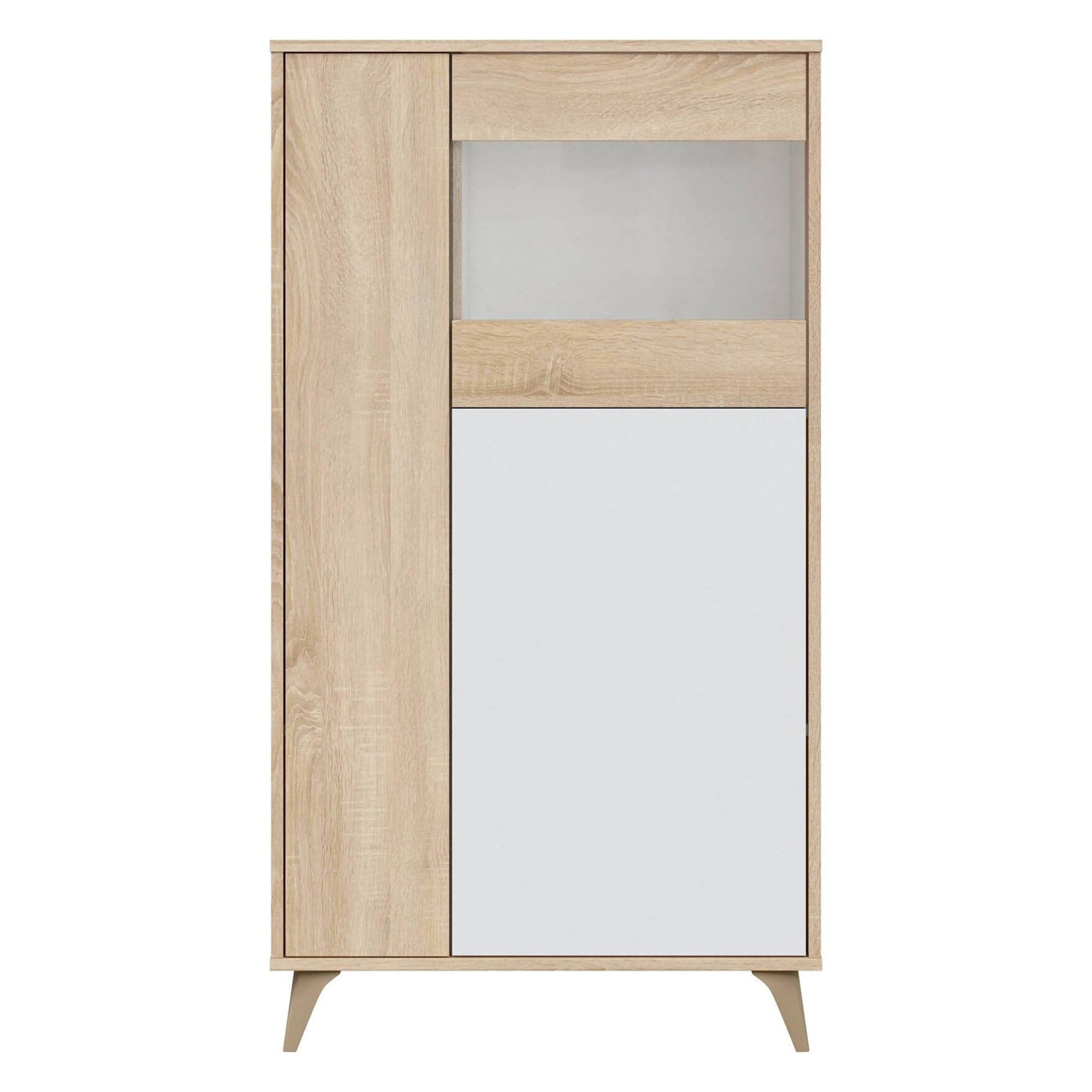 Dmora - Vetrina Atlanta, Vetrinetta moderna a 3 ante, Credenza da soggiorno o salotto, Madia alta con ripiani, 77x33h142 cm, Rovere e Bianco