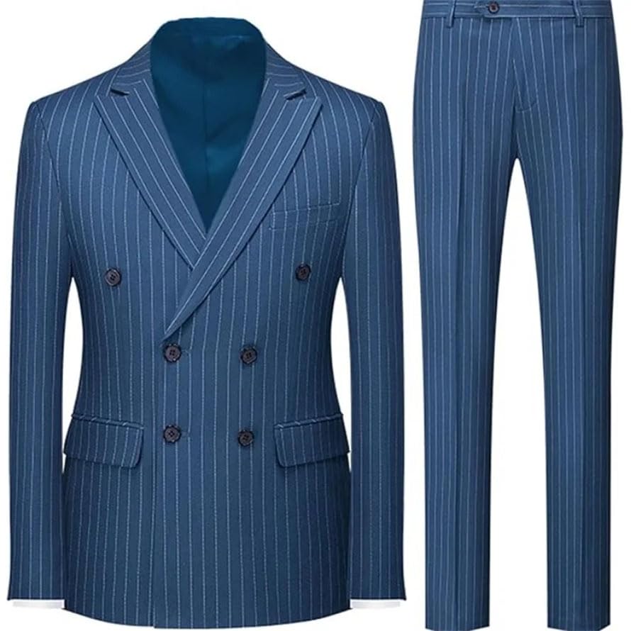 Men 2-Piece Tuxedo Suit Double Breasted Slim Fit Pinstripe Formal Suit with Blazer and Pants3