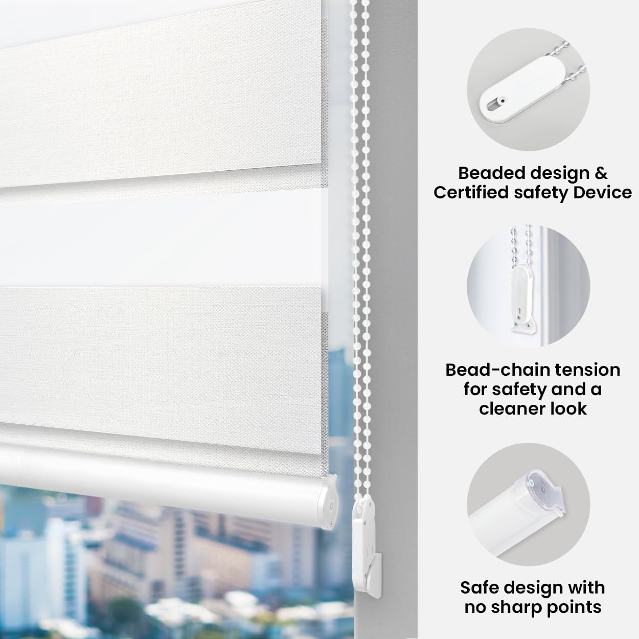 FOIRESOFT Custom Blackout Zebra Roller Blinds [Bonita, Silver White, W 10-109 x H 10-105 inch] Dual Layer Privacy Shade, Room Darkening, Select 1x1 for Custom