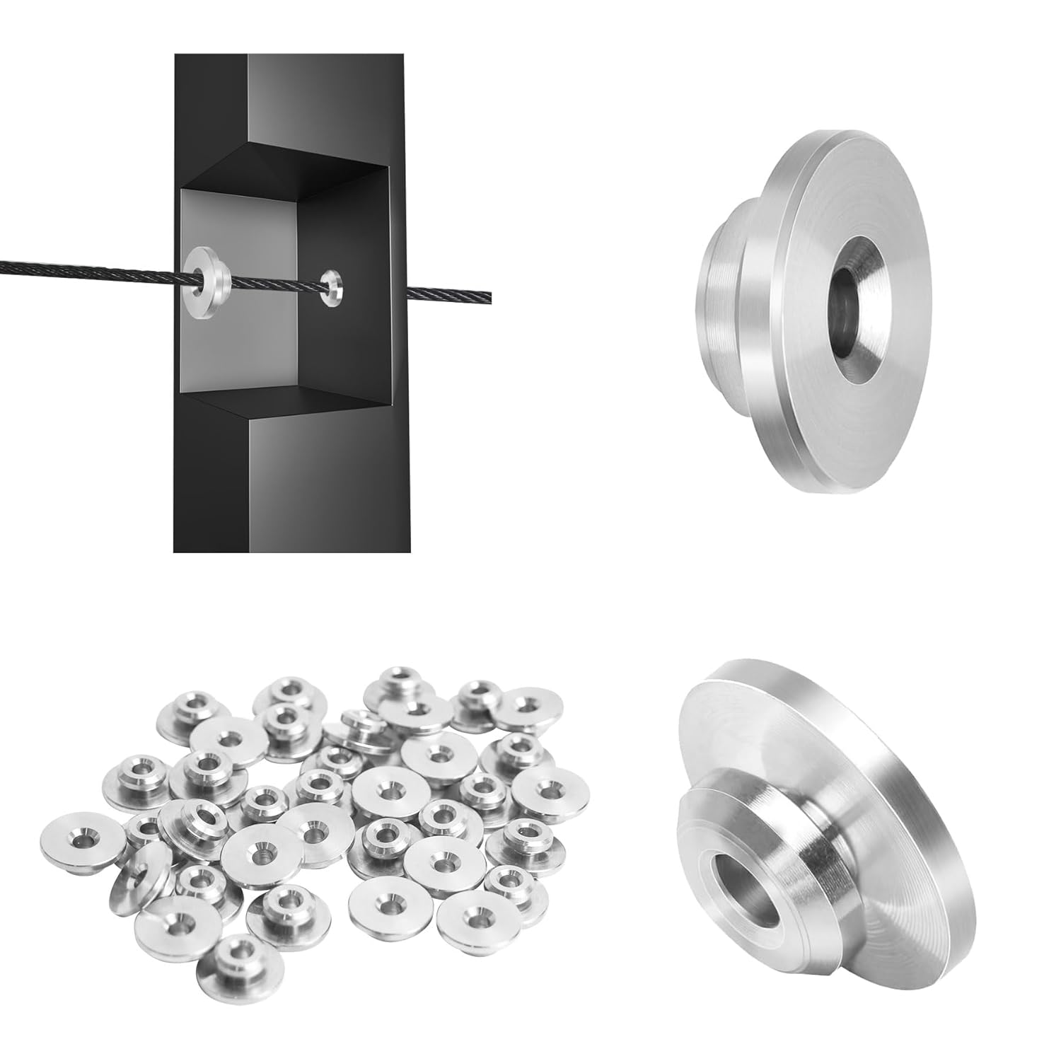 Sidasu 20-Pack Deck Cable Railing Grommets-1/8 Wire Rope Level Wheel Guards for Cable Railing Posts, Stainless Steel Cable Railing Protector Sleeves-Silver-CG01