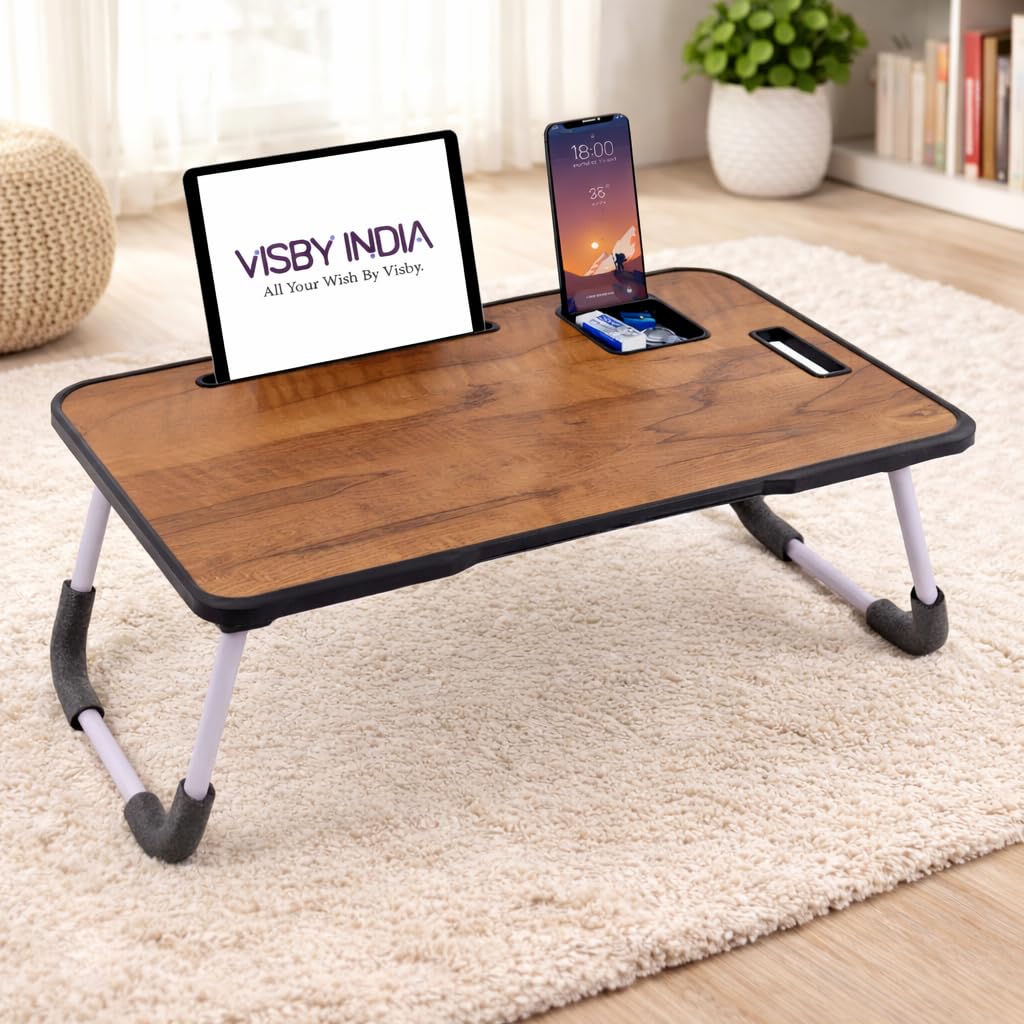 Smart Multipurpose Foldable Laptop Table with Cup Holder, Study Table, Bed Table, Breakfast Table, Foldable and Portable/Ergonomic & Rounded Edges/Non-Slip Legs (Wood New)