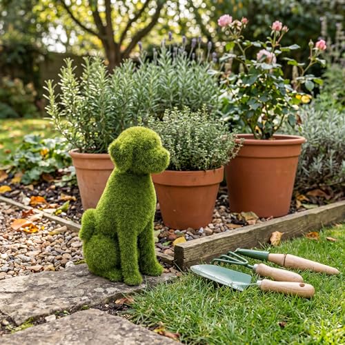 Statue de jardin chien floqué vert : topiaire chiot assis pour cour