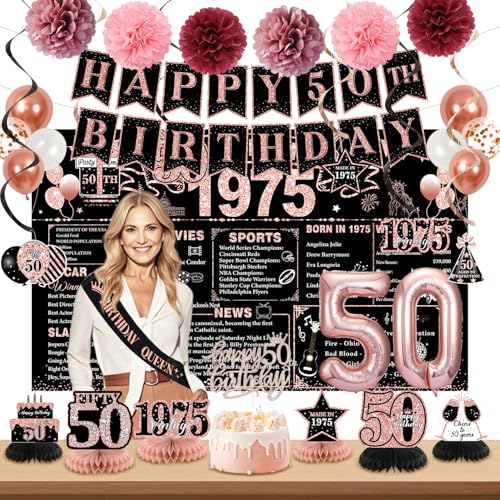 50th Birthday Decorations for Women, Rose Gold Back In 1975 Birthday Banner Decorations, Happy 50th Birthday Cake Topper, Balloons, Backdrop, Sash Party Supplies for Women