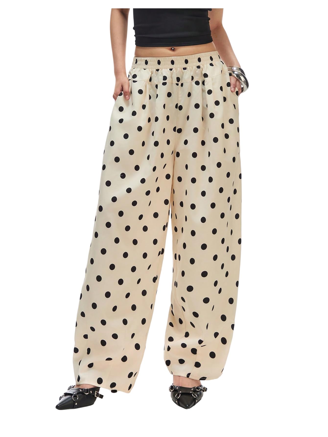 SweatyRocks Womens Vintage Polka Dots Pants Casual Elastic Waist Loose Trousers with Pockets