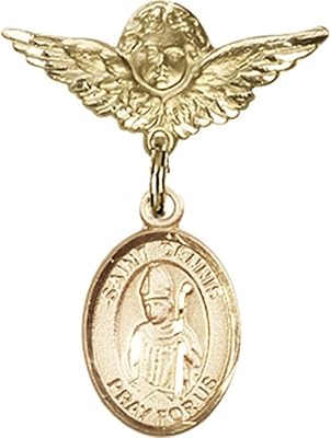 Gold Filled Baby Badge with St. Dennis Charm and Angel w/Wings Badge Pin 1 X 3/4 inches