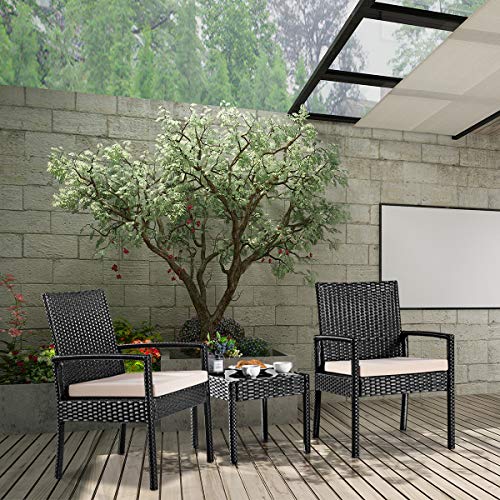 Casart 3-Piece Rattan Conversation Set, Outdoor Wicker Table And Chairs For Bistro Garden Backyard Poolside, Patio Furniture Set With Cushioned Seats And Tempered Glass Table #TOP2