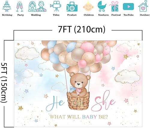 Miniatura 4 de Mocsicka Fondo de globo aerostático de oso rosa o azul, oso rosa o azul, para revelar el género, We Can Bearly Wait Gender Reveal Party Cake Table