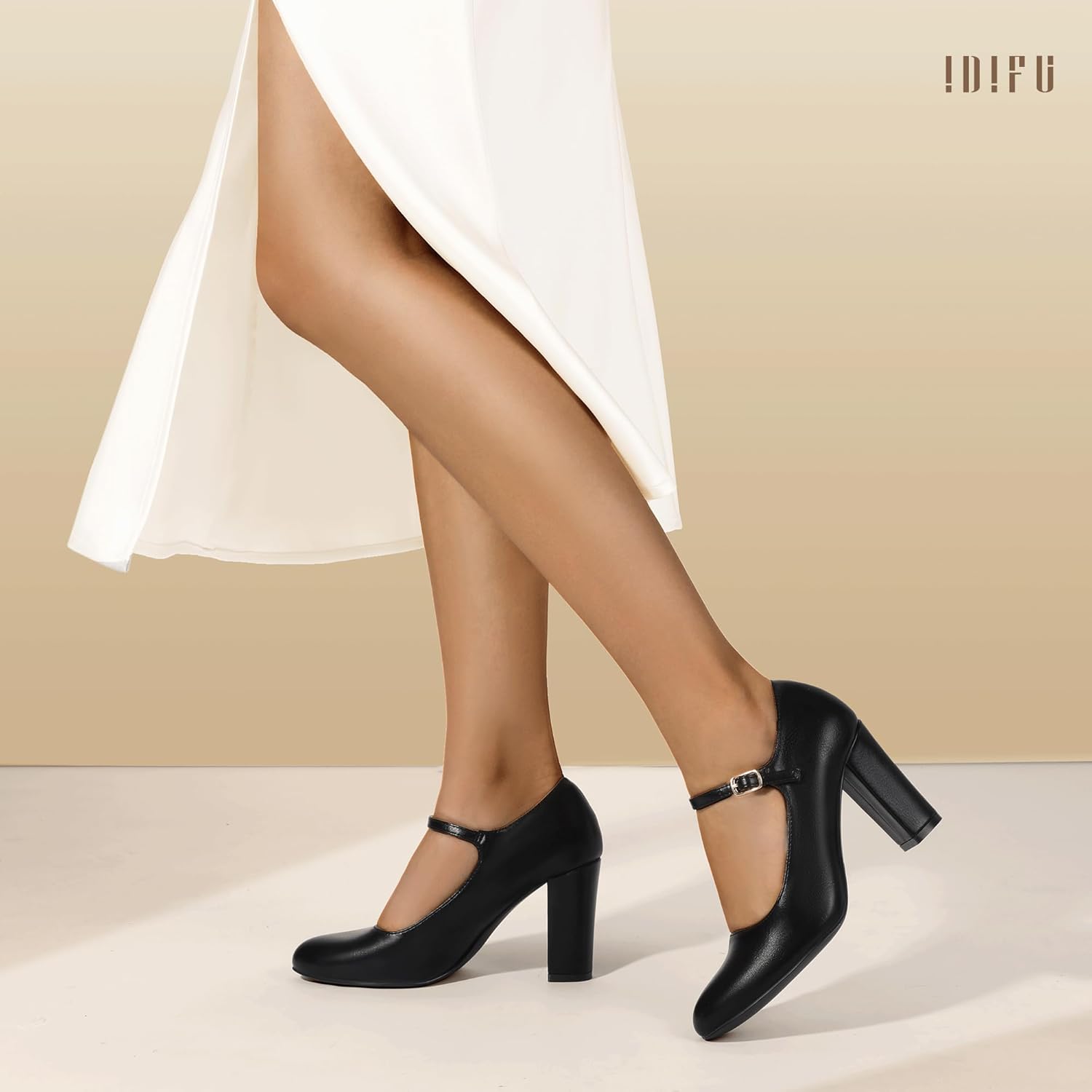 IDIFU IN4 Women's Pumps Mary Jane Dress Shoes for Women Closed Toe Heels High Chunky Block Heels Dressy Wedding Bride Prom Graduation Business Heels Comfortable Formal Vintage Round Toe Pumps Shoes